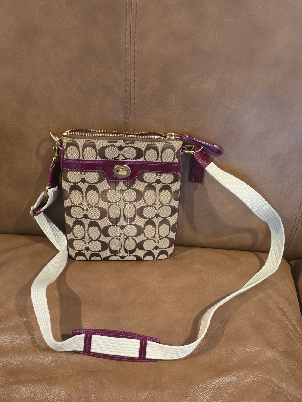 Coach Beige Signature Crossbody with Plum Trim